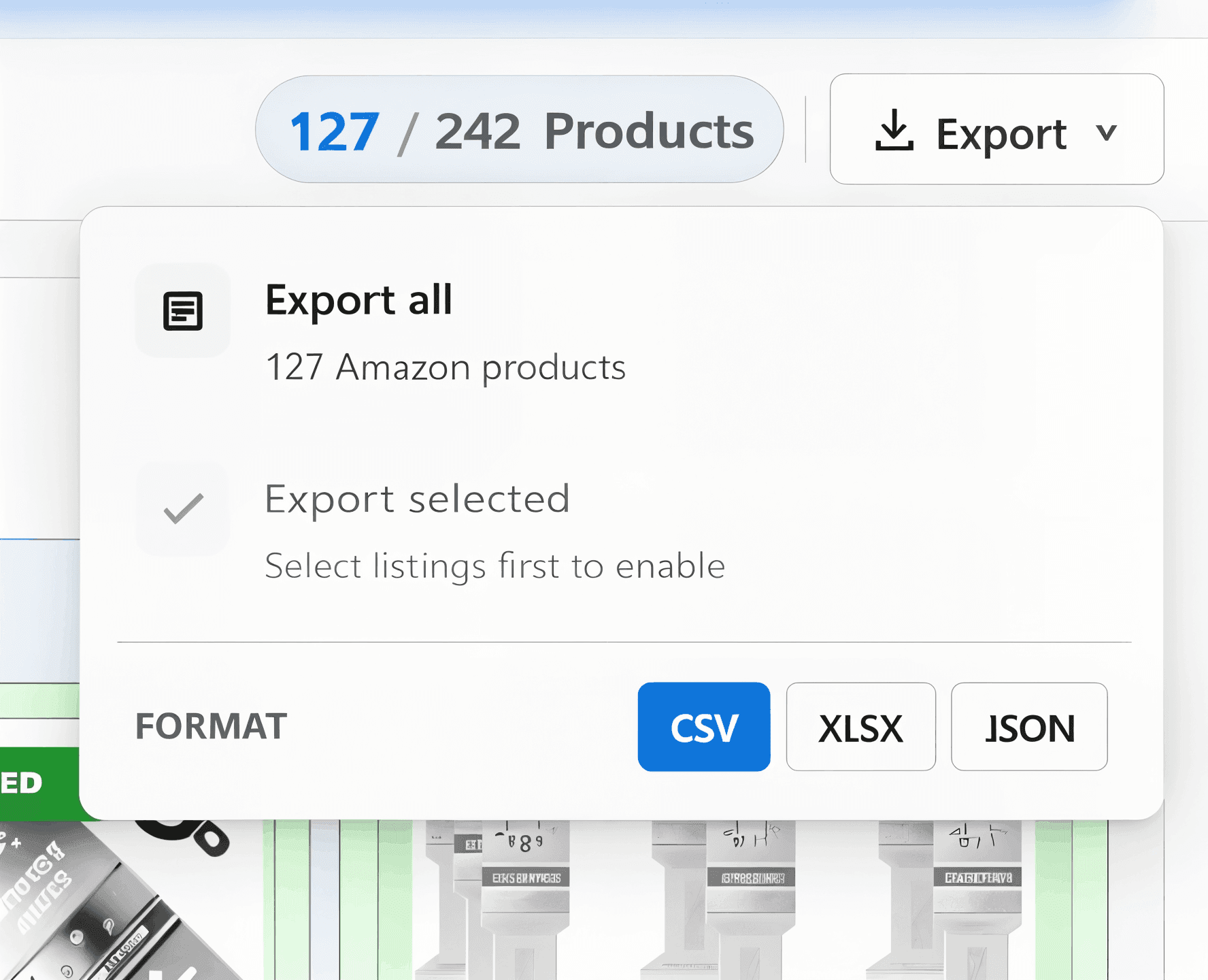 Export menu: Export all 127 Amazon products or Export selected, with CSV, XLSX and JSON format options