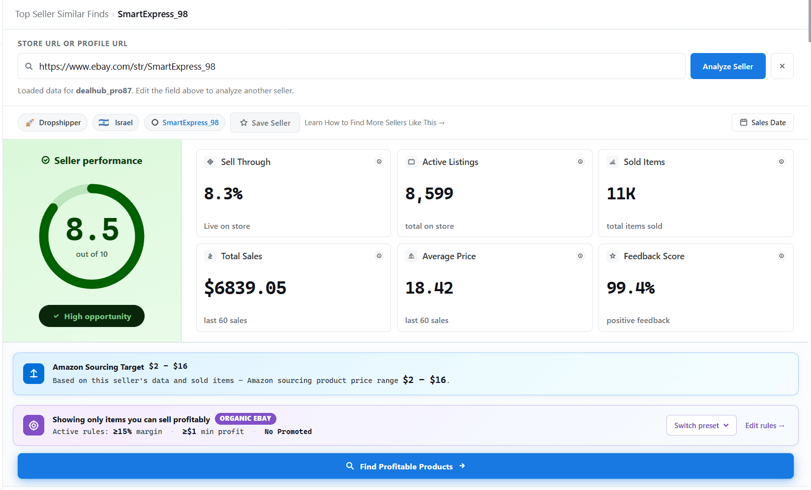 Seller performance score of 8.5 out of 10 with High opportunity, sell-through 8.3%, 11K sold items, and an Amazon sourcing target of $2 to $16